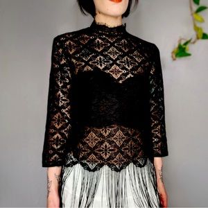 Zara Lace & Fringe Long Sleeve Top